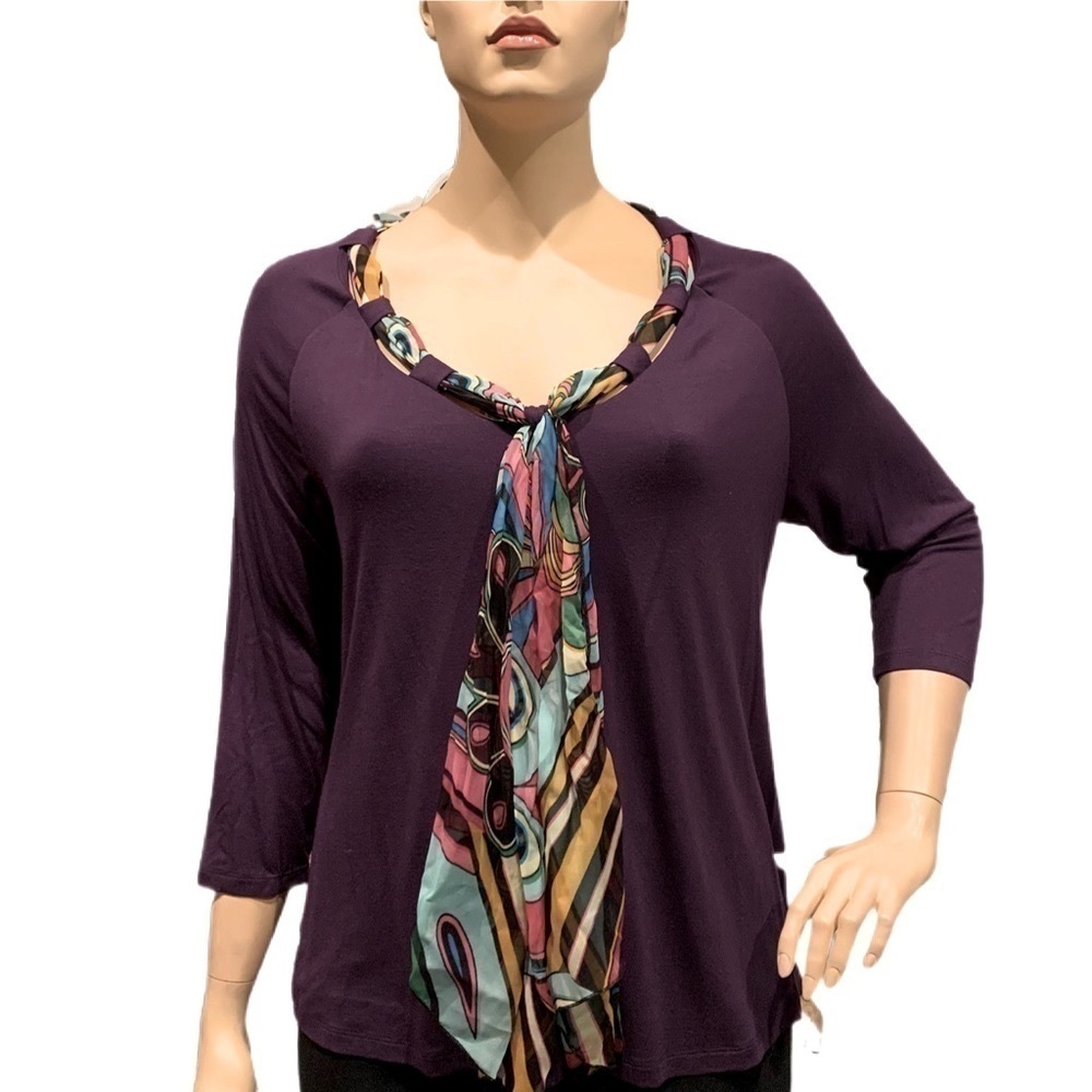 IGIGI Jersey 2 Pc. Top & Scarf Plus Size 18/20 Purple & Multi 3/4 Sleeves NWOT